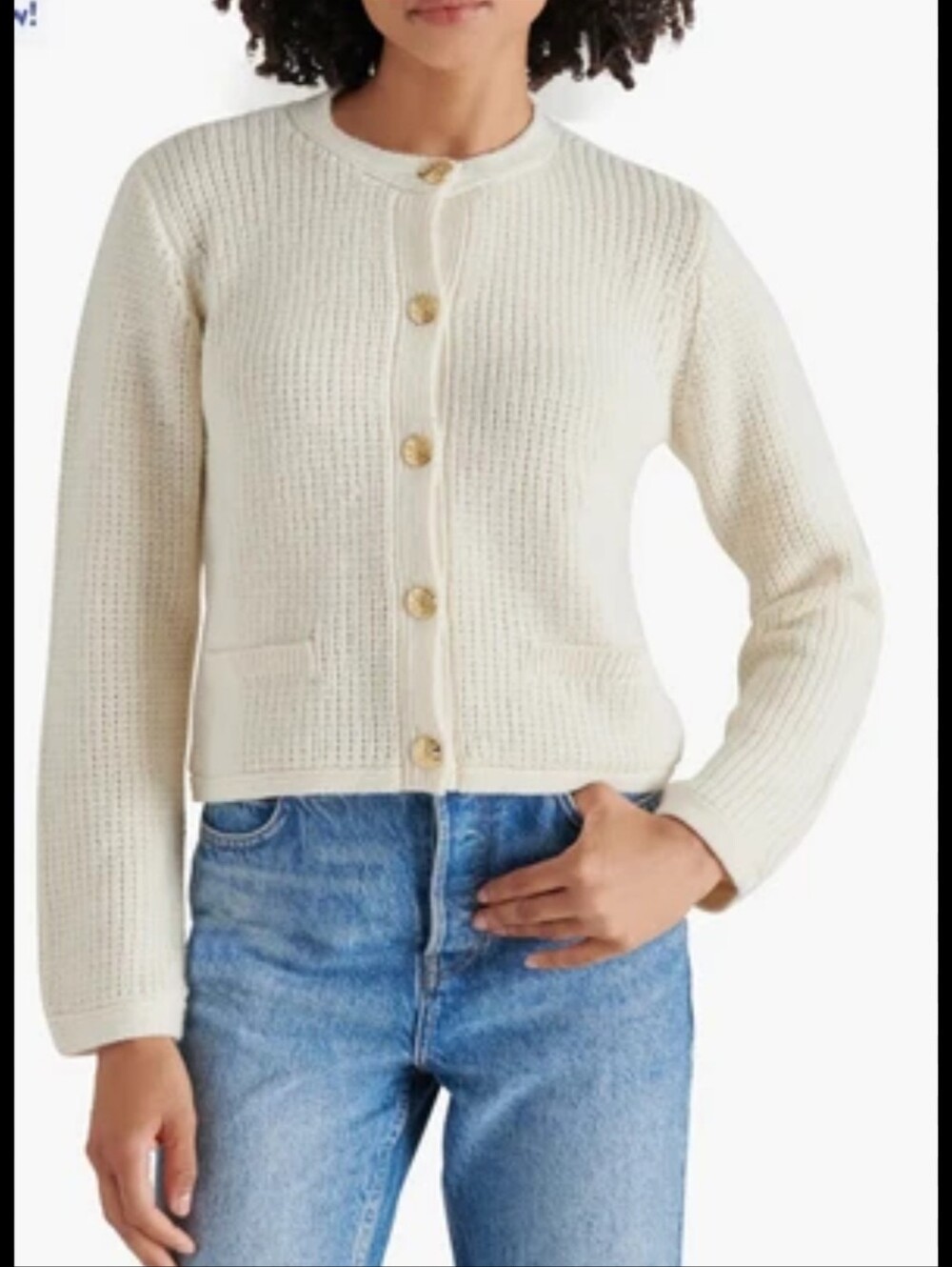 Steve Madden Fantino Cardigan Wool in Cream Crest Gold Button Old Money